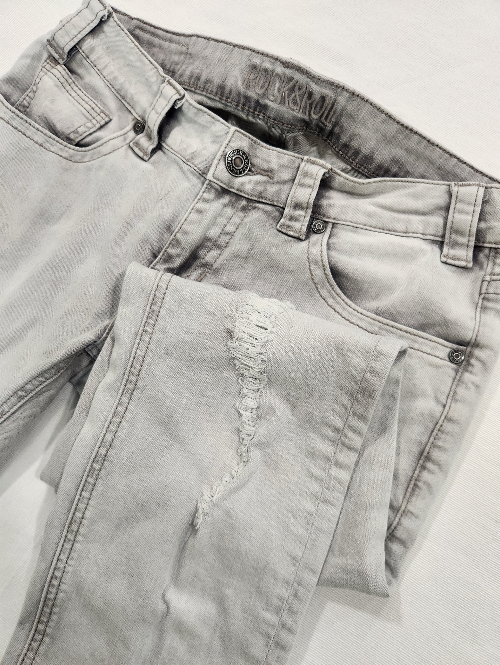 Rock & Roll Cowgirl Women’s Gray Distressed Low Rise Skinny Jeans –Stretch Denim
